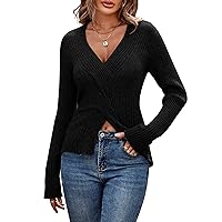 ZAFUL Women's Criss Cross V Neck Sweaters Front Slit Ribbed Knit Pullover Sweater Jumper Tops