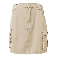 Women's Mini Cargo Denim Skirt Low Rise Elastic Waist Skirt Button Bodycon Y2K Streetwear Jean Skirt with Pockets