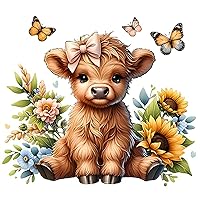 NEWENMO Cute Highland Cow Diamonds Painting Kits for Adults&Kids, DIY 5D Sunflower Diamond Art Paint with Round Diamonds, Full Drill Butterfly Diamonds Art Painting Kit for Home Wall Decor 12x12 Inch