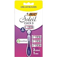 BIC Click 5 Soleil Women's Disposable Razors, 5 Blades With a Moisture Strip For a Smoother Shave, 1 Handle and 3 Cartridges, 4 Piece Razor Set