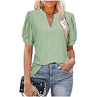 Women's Puff Short Sleeve Tops Summer V Neck T Shirts Loose Dressy Casual Comfy Fashion Hollow Out Tunic Blouses