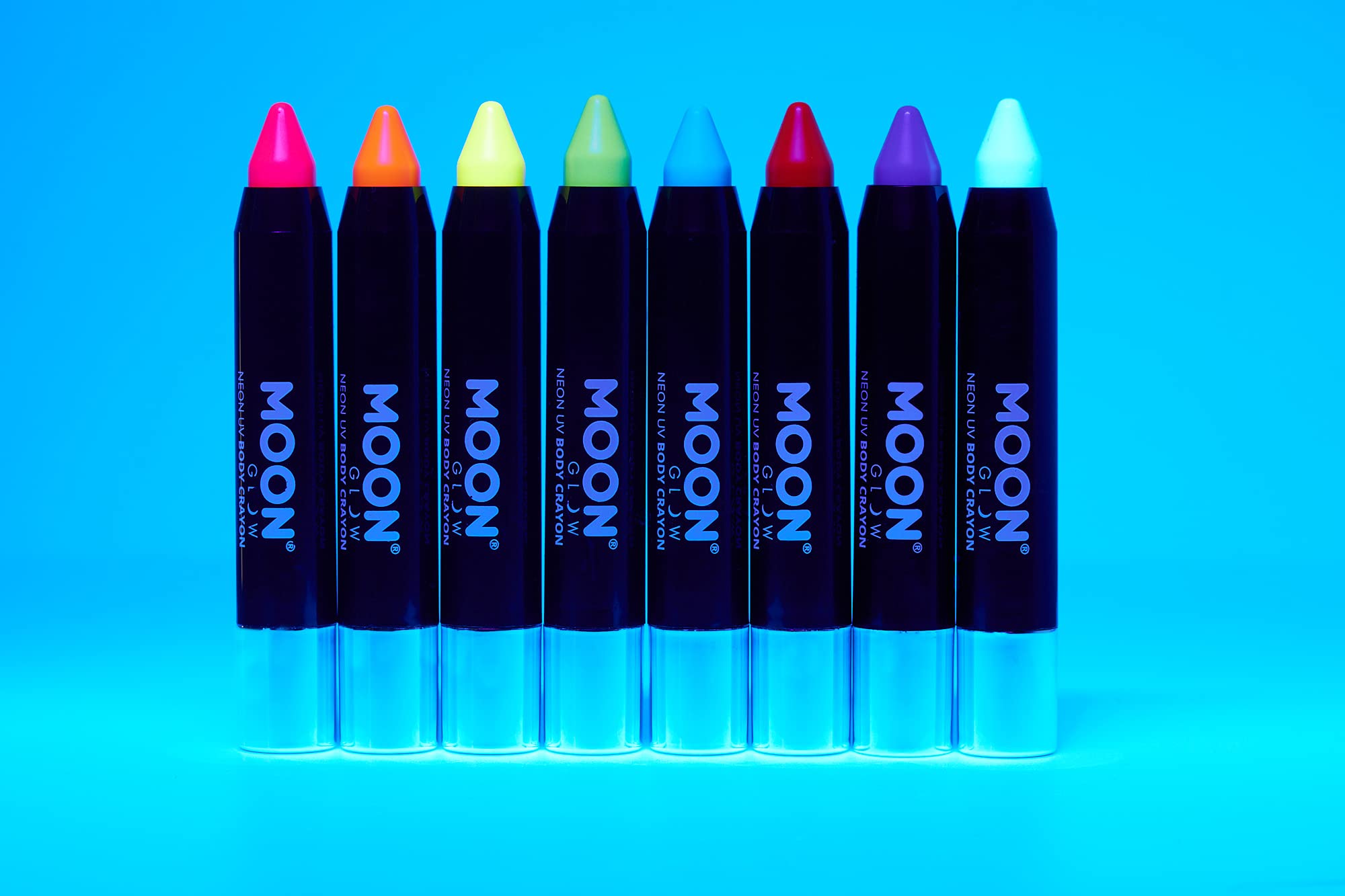 Moon Glow - Blacklight Neon Face Paint Stick/Body Crayon makeup for the Face & Body - Intense set of 8 colours - Glows brightly under blacklights