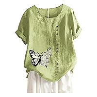 Summer Women Cotton Linen Tshirt Tops Casual Loose Fit Trendy Flowers Tunic Tees Short Sleeve Plus Size Button Blouses