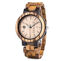 Kim Johanson Men's Wooden Stainless Steel Watch *Light Week* with Date & Day Display Handmade Quartz Analogue Watch Vegan Includes Gift Box, brown, Bracelet