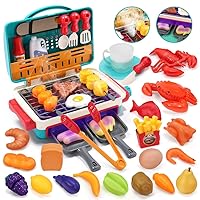 HOLYFUN 42Pcs Kids BBQ Grill Toy, Barbecue Kitchen Cooking Playset with Realistic Spray, Light & Sound, Color Changing Play Food & Dishes Toy, Pretend BBQ Accessories Set for Girls Boys Toddler