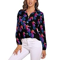 Rainbow Seahorse Women's Shirt Casual Button Down Long Sleeve Shirts V Neck Blouses Slim Fit Tops