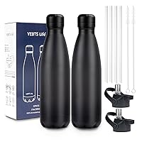 Insulated Water Bottle,2 Pack-17oz Stainless Steel Water Bottles with straw lid,Metal Sports Thermos Water Bottles for Boys,Girls,Double Wall Vacuum BPA-Free Flask for School,Sports & Travel-Black