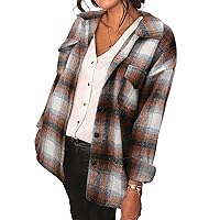 MINGALONDON Women's Brushed Plaid Shirts Long Sleeve Flannel Lapel Button Down Cardigan Boyfriend Shacket Jacket Coats