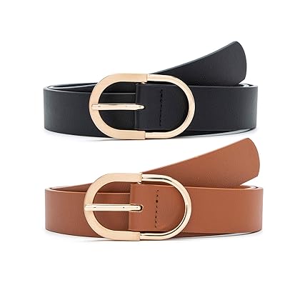 MORELESS 2 Pack Women's Leather Belts for Jeans Pants with Fashion Center Bar Buckle