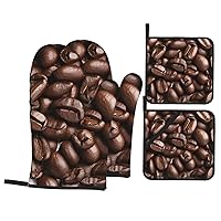Oven Mitts and Pot Holders Sets of 4 for Kitchen, Heat Resistant Non-Slip Waterproof Oven Gloves and Hot Pads for Cooking, Baking, Grilling, BBQ - Funny Roasted Coffee Beans