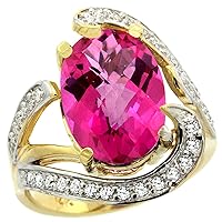 14k Yellow Gold Natural Pink Topaz Ring Oval 14x10mm Diamond Accent, 3/4 inch wide, size 7