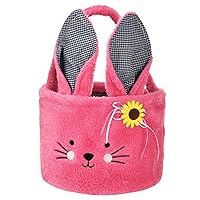 Easter Basket Plush Easter Bunny Tote Bags Cute Rabbit Design Personalized Easter Bucket for Kids Carrying Gift and Eggs (Plush-Rose Red)