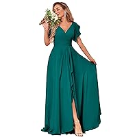 Women’s Elegant Chiffon V-Neck Gown with Flutter Sleeves and Slit - Formal Evening Bridesmaid Dress