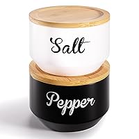 Salt and Pepper Bowls with Lid - Salt and Pepper Cellar Set with Airtight Wood Lids - Stacking Salt and Pepper Containers with Lid - Ceramic Salt and Pepper Set - Salt and Pepper Holder for Counter