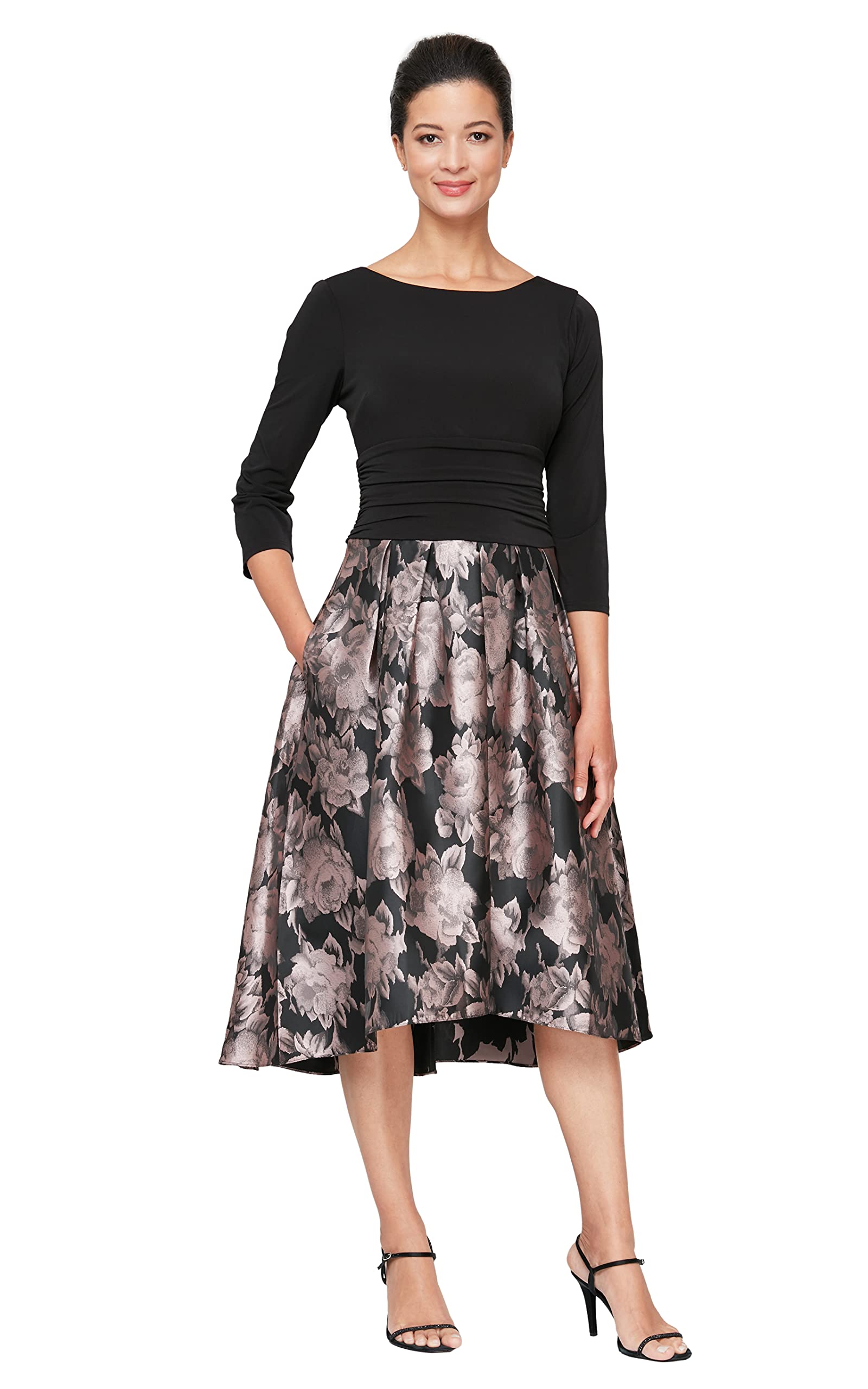S.L. Fashions Women's Stretch Jersey Bodice Jacquard Floral Print Dress