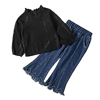 IBAKOM Toddler Baby Girl Fall Winter Outfits 2PCS Denim Flare Jeans Puffy Sleeve Shirts Leather Pant Sweatshirt Kids Clothes