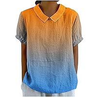 Women Gradient Peter Pan Collar Shirts Y2K Keyhole Back Short Sleeve Tee Tops Summer Casual Loose Fit Blouse