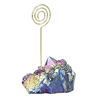 TUMBEELLUWA Rainbow Titanium Coated Rock Crystal Cluster Stone Memo Card Holder, Wedding Name Card Golden Stand Photo Clip Holder for Table Decor, Round Shape