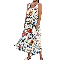 Maxi Dress for Women Floral Print Cotton Linen Summer Beach Tank Dress Round Neck Sleeveless Sundress with Pockets