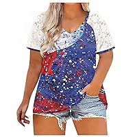 Womens Plus Size American USA Flag Funny 4Th of July T-Shirts V Neck Lace Tirm Tees Short Lace Raglan Sleeve Tops