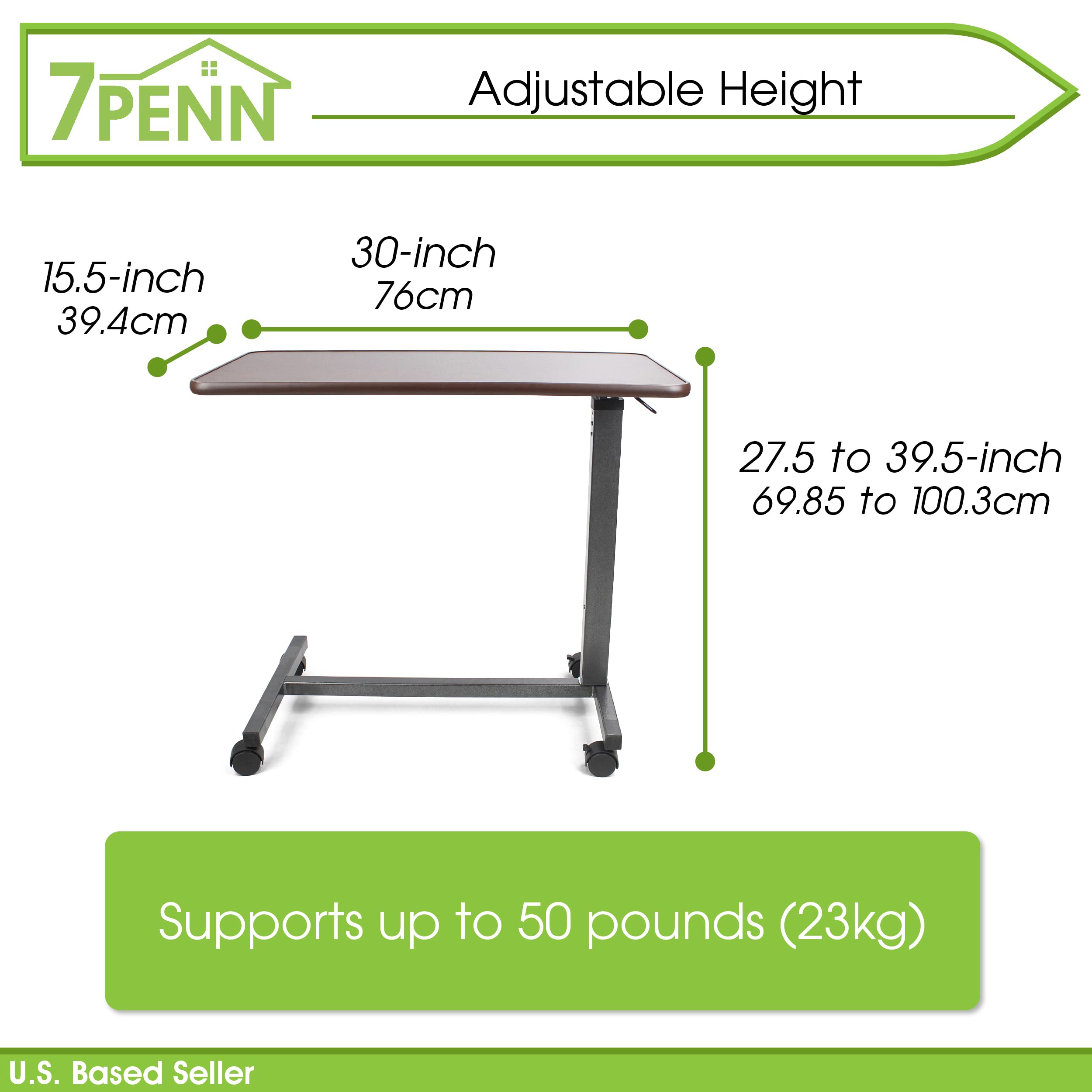 7Penn Adjustable Height Laptop Rolling Tray Bed Table Serving Cart - Bedside Tray Table for Bed or Chair for Handicapped