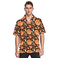 Pumpkin Mushroom Leaves Lettering Hawaiian Shirt for Men,Men's Casual Button Down Shirts Short Sleeve for Men S