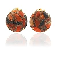 Guntaas Gems Fashion Look Orange Black Jade Ear Clip On Stud Brass Gold Plated Non Pierced Earring Set