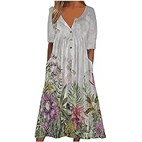 Dresses for Women 2023 Summer Casual Midi Dress Floral Button Down Boho Dress V Neck Short Sleeve Beach Sundresses