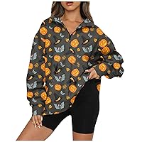 Halloween Women Sweatshirts Cute Pumpkin Lapel Pullover Oversized Half Zip Hoodie Teen Girl Fall Y2k Clothes