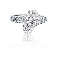 DECADENCE Sterling Silver Rhodium Pave Double Cluster Flower Overlapping Fashion Ring