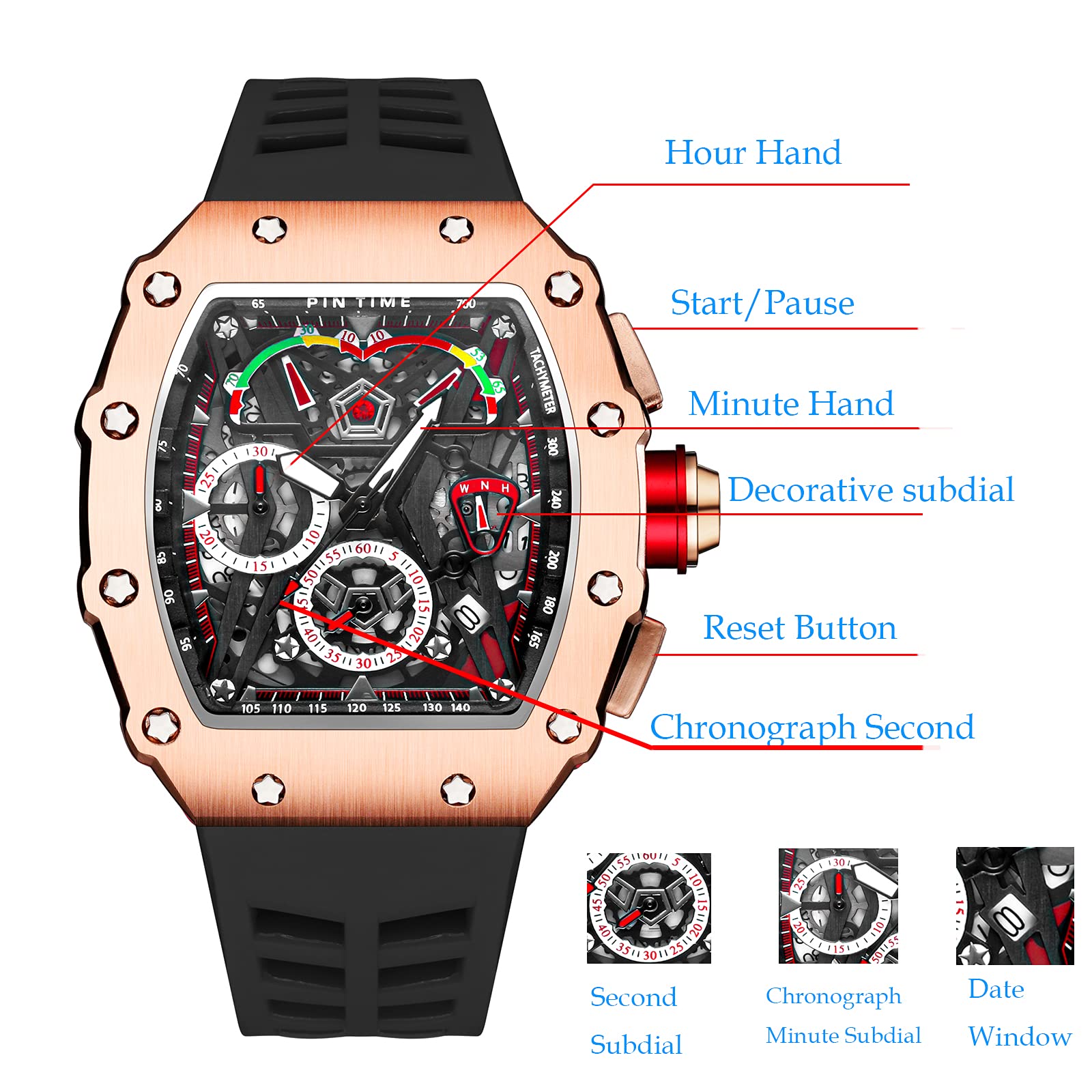 PINTIME Modische Herren-Armbanduhr Hallow Punk Chronograph Sport Armbanduhr Luxus Designer Herrenuhr