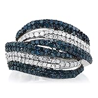 1.57 Cttw Natural Round White & Color Enhanced Blue Diamond 925 Silver Multi Row Wave Bypass Ring