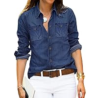 LookbookStore Women's Long Sleeve Collared Shirt Button Down Denim Blouse Tops
