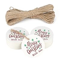 G2PLUS Christmas Gift Tags with String, 100PCS Merry Christmas Gift Tags, 2'' Round Christmas Gift Tags, White Paper Christmas Tags, Merry Christmas with Love Tags for Gift Wrapping, Christmas