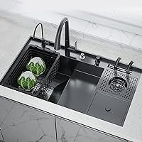 Kitchen Sinks,Kitchen Sink Stainless Steel Sink with Cup Washer Large Capacity Sink with Holder Table Control Drainage Complete Accessories/Black/85 * 50 * 22Cm