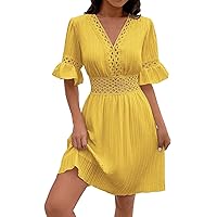 Eyelet Dress for Women, Women's Patchwork Lace Fashionable V Neck Waist Cinching Solid Color Spring, S XL
