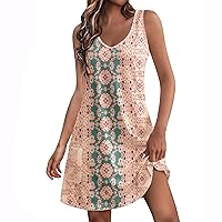 Plus Size Sundress, Denim Dress for Women Teal Dresses for Women V Neck Dress Womens Casual Sleeveless Fashion Floral Print Summer with Pockets Ladies Sundress Trendy Beach Boho (Pink,Small)