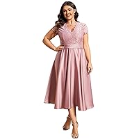 Ever-Pretty Plus Women's Plus Size V Neck Cap Sleeve A Line Lace Satin Cocktail Dress 40400-DA