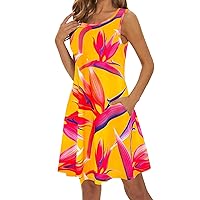 Women Summer T Shirt Dress 2024 Vintag Trendy Vacation Dresses Swing Boho Floral Print Casual Mini Tank Dresses with Pockets