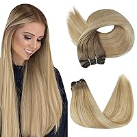 Human Hair Extensions Sew in Remy Hair Color Chestnut Brown Fading To Honey Blonde Mix Platinum Blonde Hair Extensions for Thin Hair 100g Long Hair Extensions 22 Inch