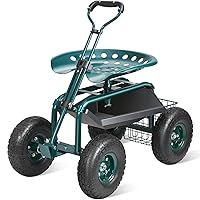 VEVOR Garden Cart Rolling Workseat with Wheels, Gardening Stool for Planting, 360 Degree Swivel Seat, Wagon Scooter with Steering Handle & Utility Tool Tray, Use for Patio, Yard, and Outdoors, Green