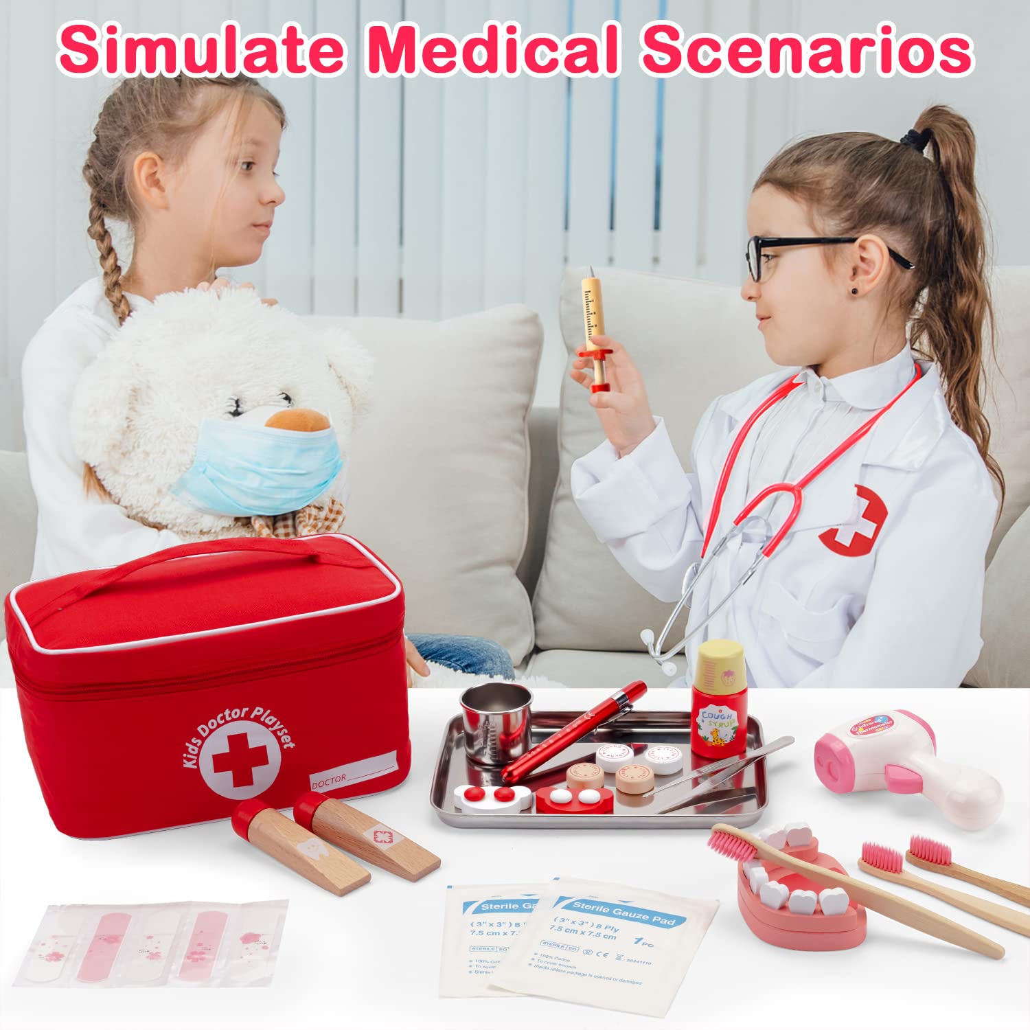 KODATEK Doctor Kit for Kids, 33 Pcs Pretend Play Medical Toys Set, Roleplay Doctor Costume, Wooden Accessories, Flashlight, Tray, Stain Steel Stethoscope, Dentist Kit Toys for Kids, Toddlers, Girls