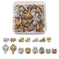 Pandahall 45pcs Animal Head Loose Spacer Beads 7 Styles Tibetan Elephant Lion Wolf Leopard Owl Dragon Charms Connector for Men's Bracelet Jewelry Making