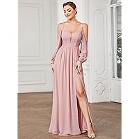 Contrast Lace Cold Shoulder Split Thigh Chiffon Bridesmaid Dress (Color : Dusty Pink, Size : Large)