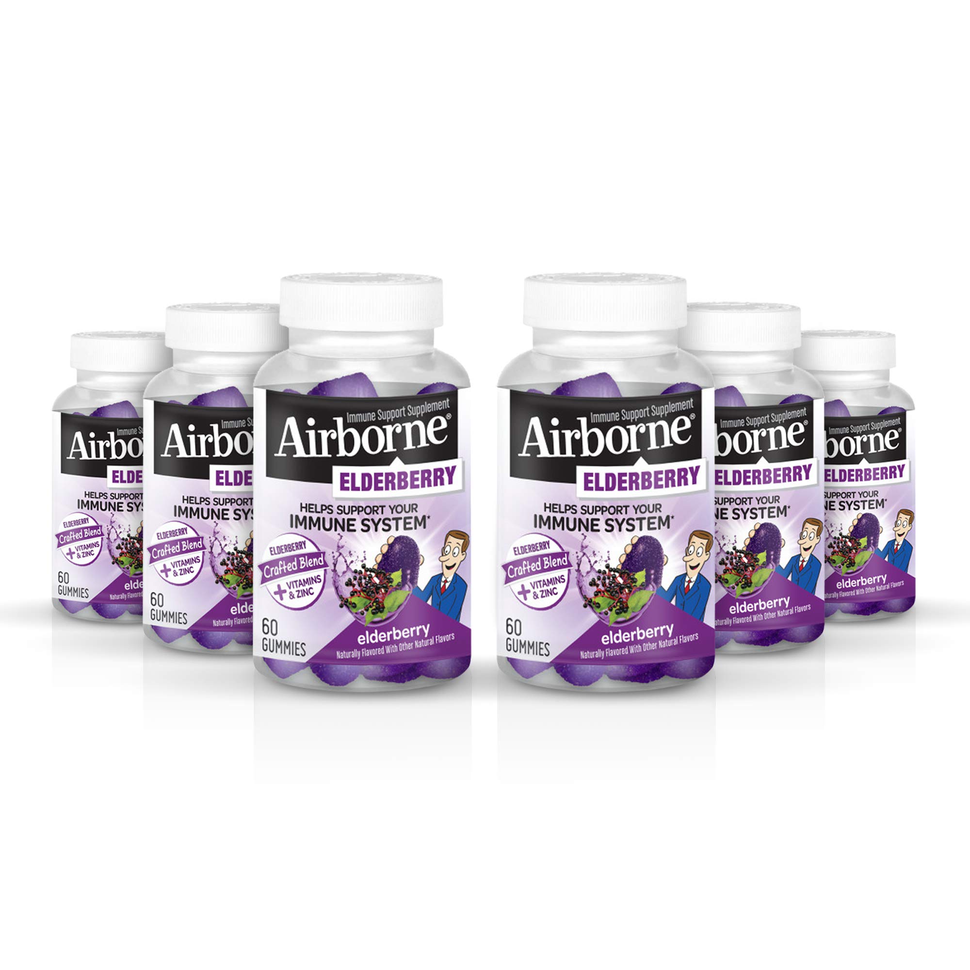 Elderberry + Vitamins & Zinc Gummies, Airborne (60ct), Gluten-Free Immune Support Supplement with Vitamins C, D & E T (Pack of 6)