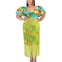 Women's Sweetheart Neck Tassel Party Dresses Short Sleeves African Print Bodycon Midi Club Dress