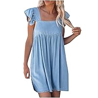 Women's Bohemian Dress Flowy Round Neck Trendy Swing Casual Summer Solid Color Sleeveless Knee Length Beach