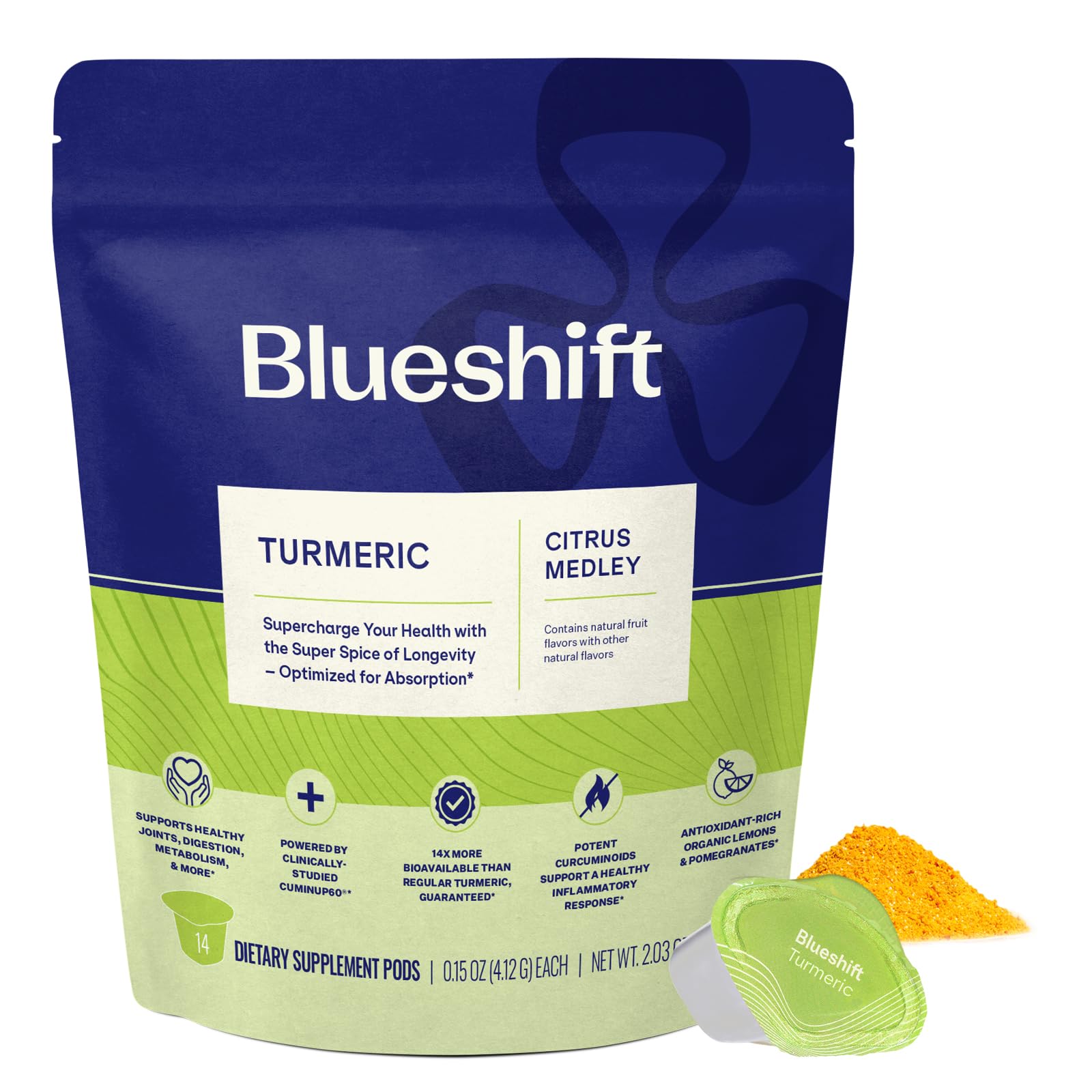 Blueshift Turmeric Supplement Drink with Lemon & Pomegranate, Turmeric Drink Mix with Turmeric Curcumin for Immune & Joint Health, Digestion & Metabolism, Maximum Absorption, Citrus Medley, 14 Pack