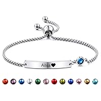 MeMeDIY Personalized Birthstone Bracelets Customized Gift Birthday Engraving for Women Girlfriend Mom Auntie Sister Best Friend Stainless Steel Friendship Adjustable Ankle Link Chain Bridesmaid
