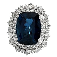 14.32 Carat Natural London Blue Topaz and Diamond (F-G Color, VS1-VS2 Clarity) 14K White Gold Cocktail Ring for Women Exclusively Handcrafted in USA